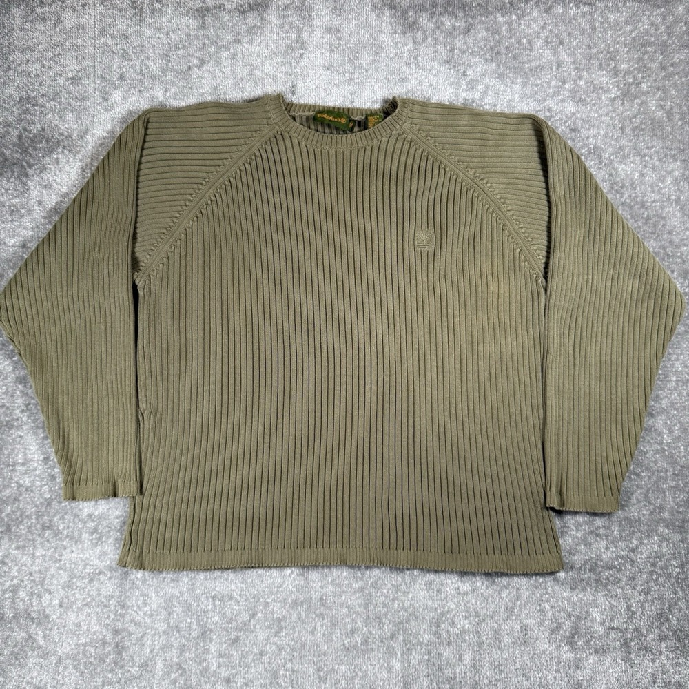 Timberland Sweater Men's XL Olive Green Ribbed Long Sleeve Cotton Vintage Y2K